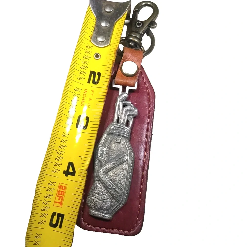 Brown Leather Keychain Pewter Golf Bad Charm Clip